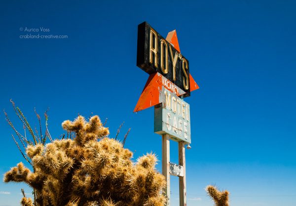 Vintage-Schild und Joshua Tree vor Roy's Motel an der Route 66 in Kalifornien