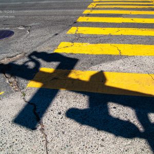 Gelber Zebrastreifen und Schatten einer Ampel in San Francisco, USA